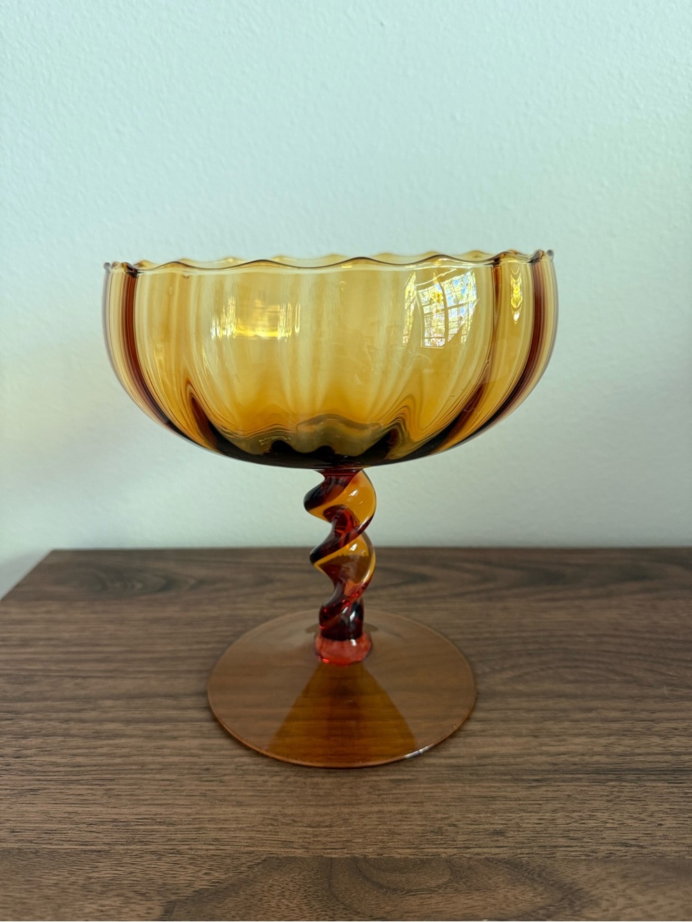 Vintage Empoli Style Amber Art Glass Compote Bowl w Twisted Stem